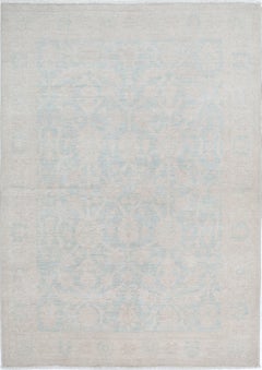 4x5.7 ft Handknotted Ivory, Light Blue Area Rug. Turkish Oushak Style Accent Rug