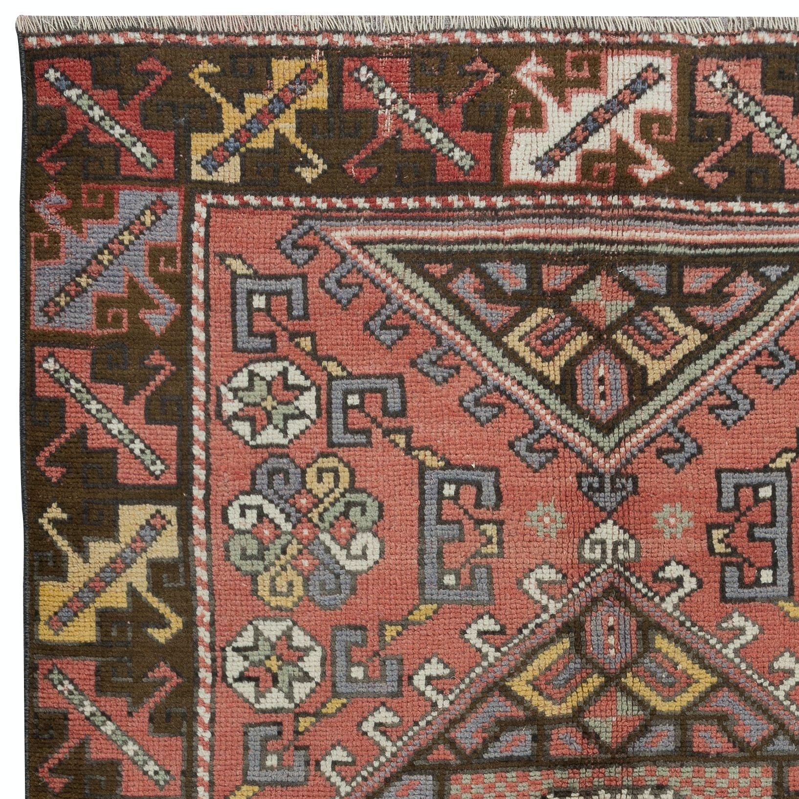 Hand-Knotted 4x5.7 Ft Handmade Geometric Medallion Design Rug, Vintage Turkish Red Carpet For Sale