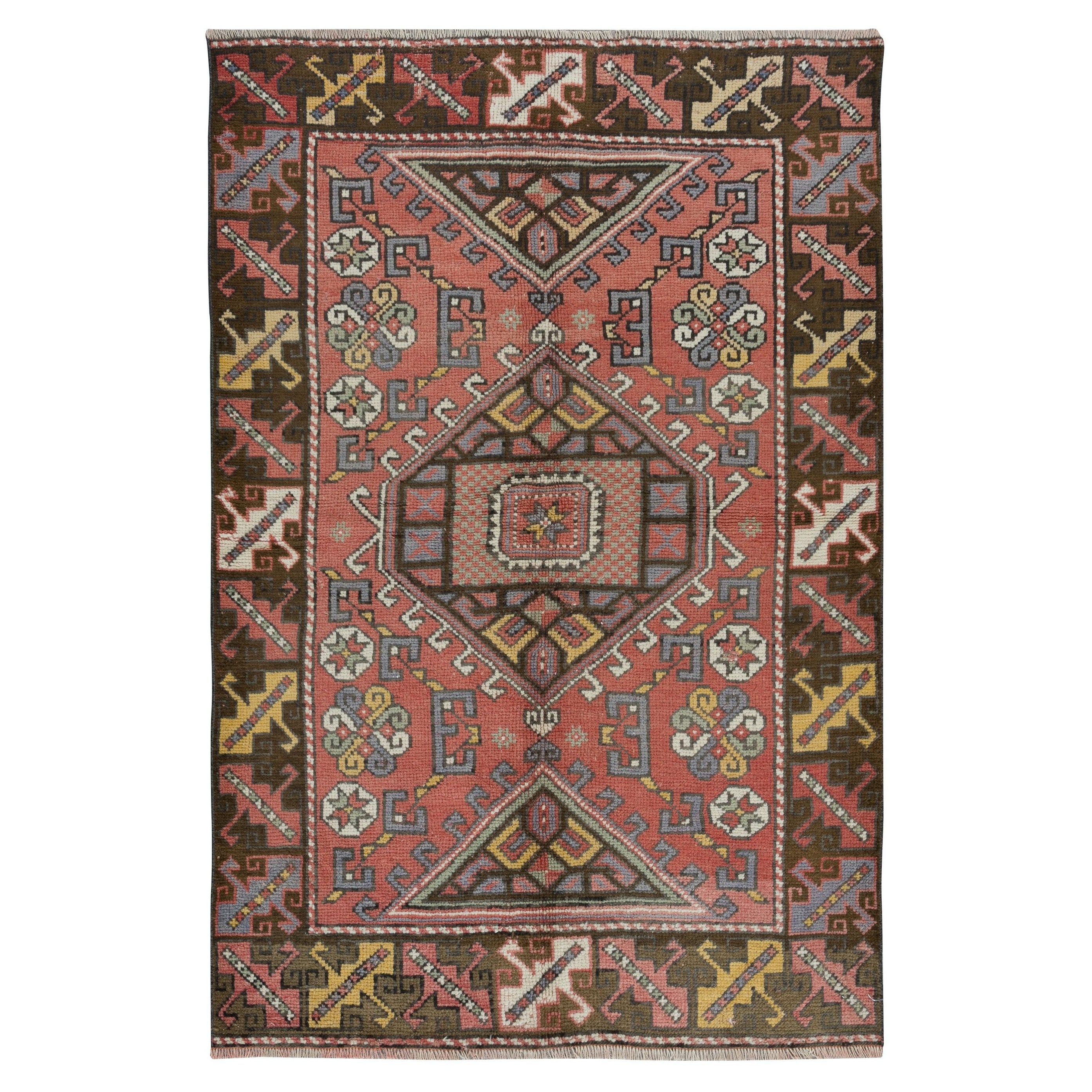 4x5.7 Ft Handgefertigter geometrischer Medaillon-Teppich im Medaillon-Design, türkischer roter Vintage-Teppich im Angebot