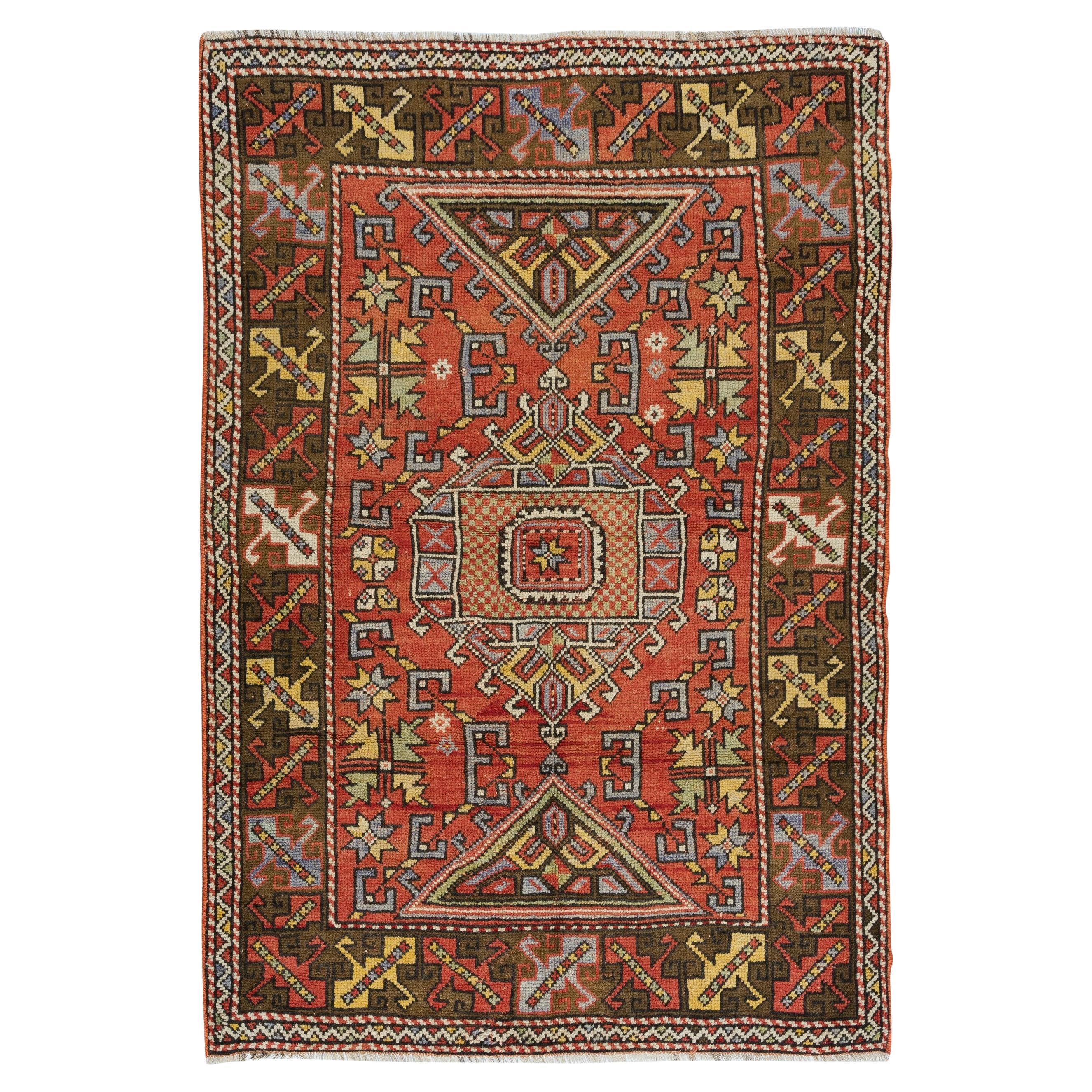 4x5.7 Ft MidCentury Handmade Turkish Traditional Wool Rug for Home, Office Decor en vente