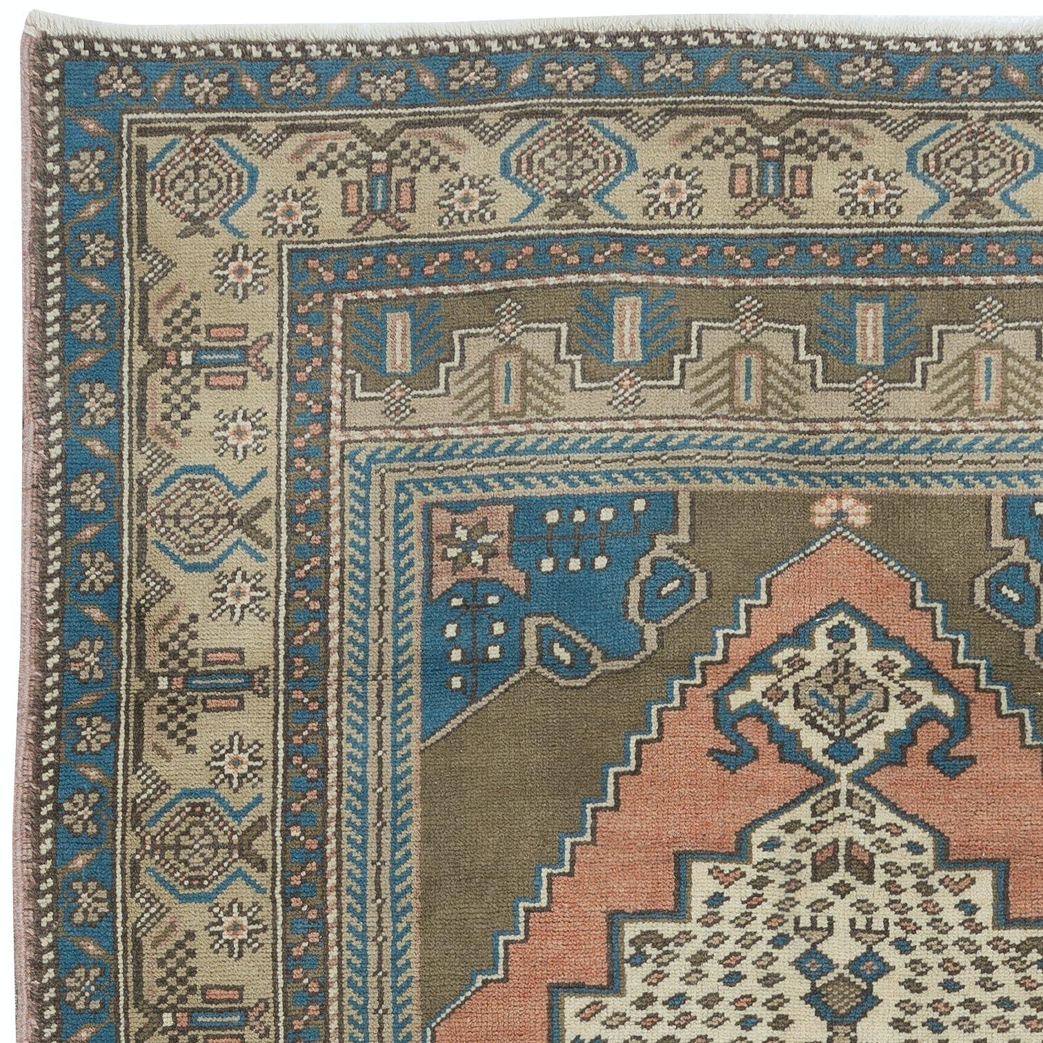 4x5.7 Ft One of a Pair Vintage Turkish Tribal Wool Rug, Handmade Oriental Carpet In Good Condition For Sale In Philadelphia, PA