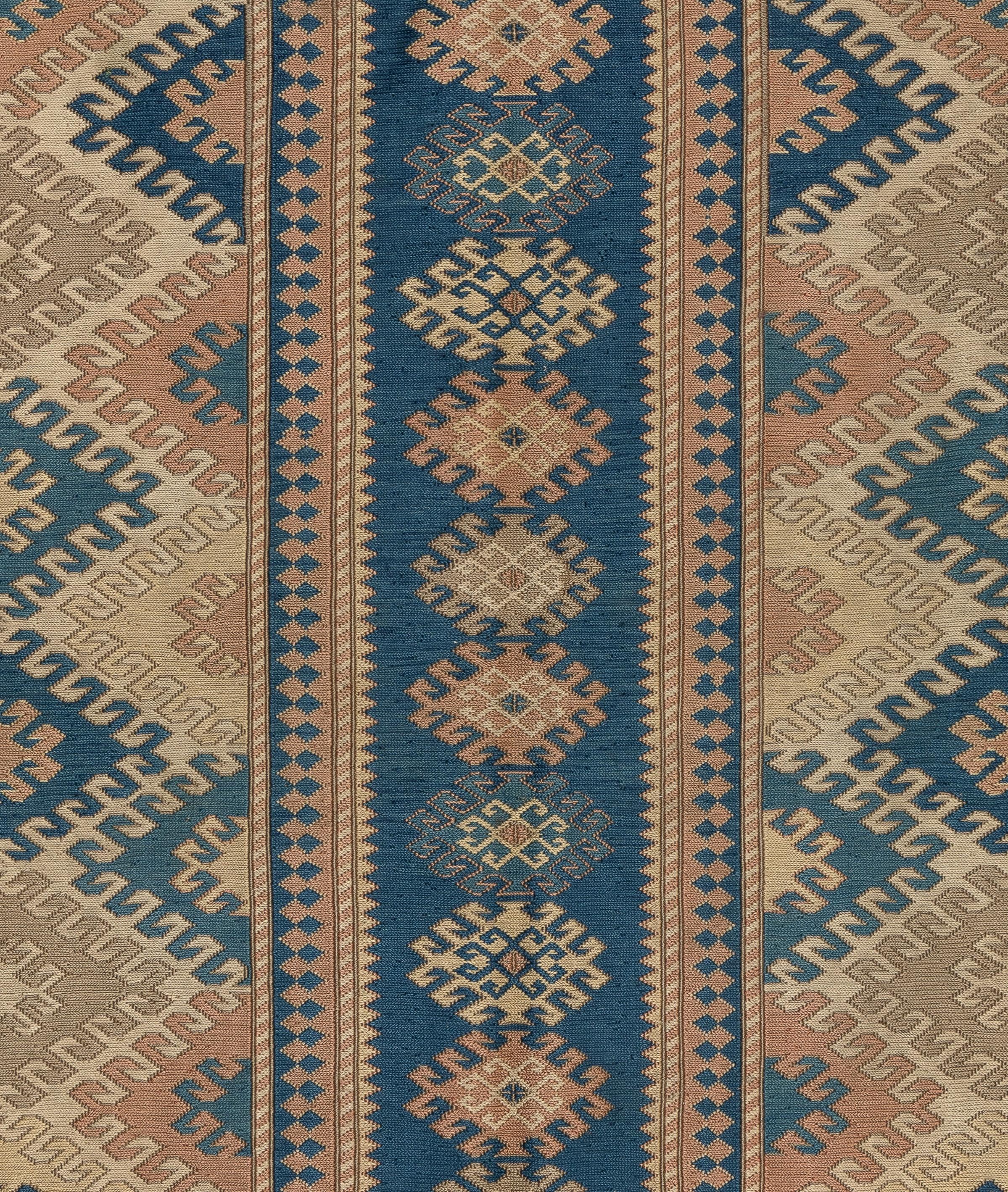 Hand-Woven 4x5.8 Ft Vintage Soumak Turkish Accent Rug with Wool Pile For Sale