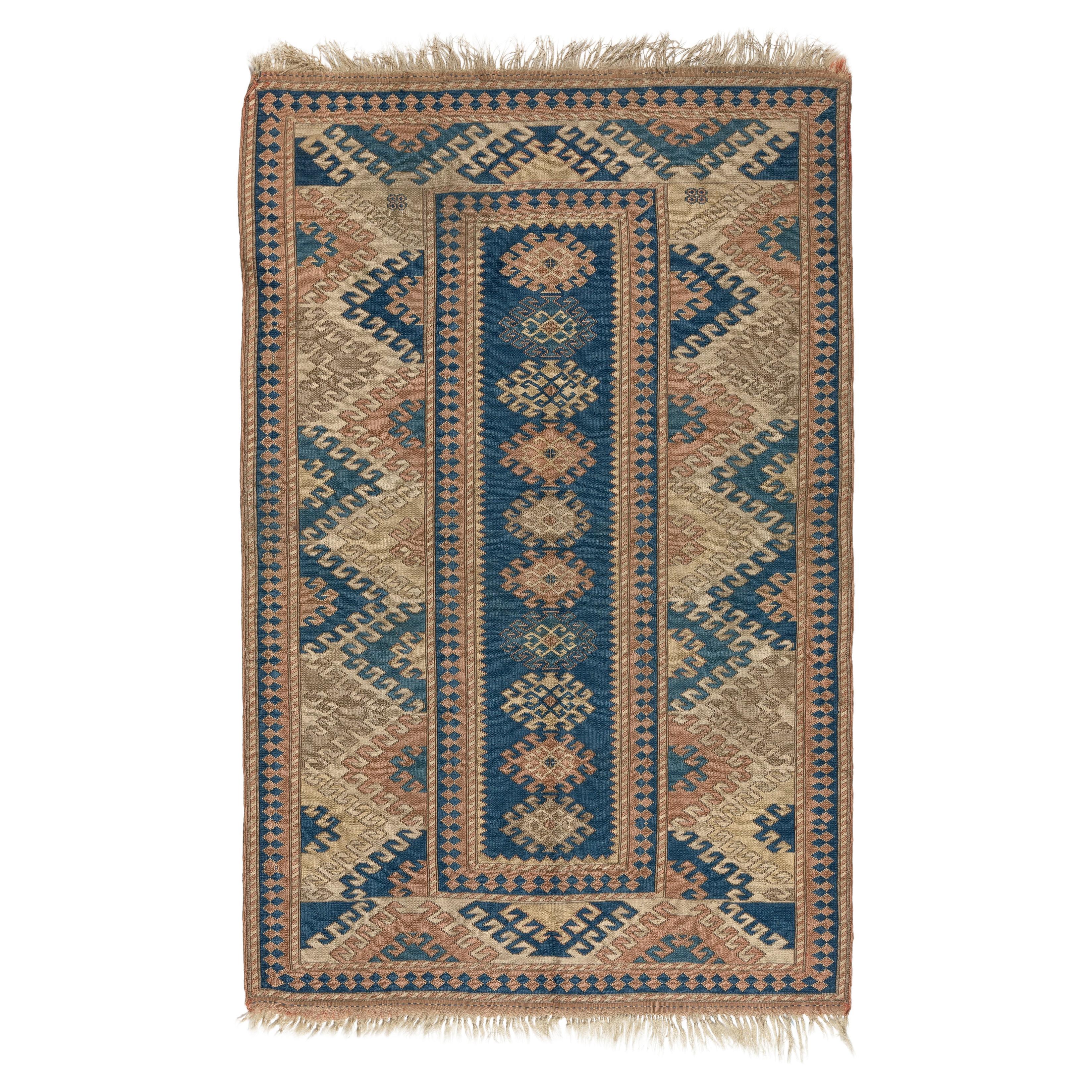 4x5.8 Ft Vintage Soumak Turkish Accent Rug with Wool Pile For Sale