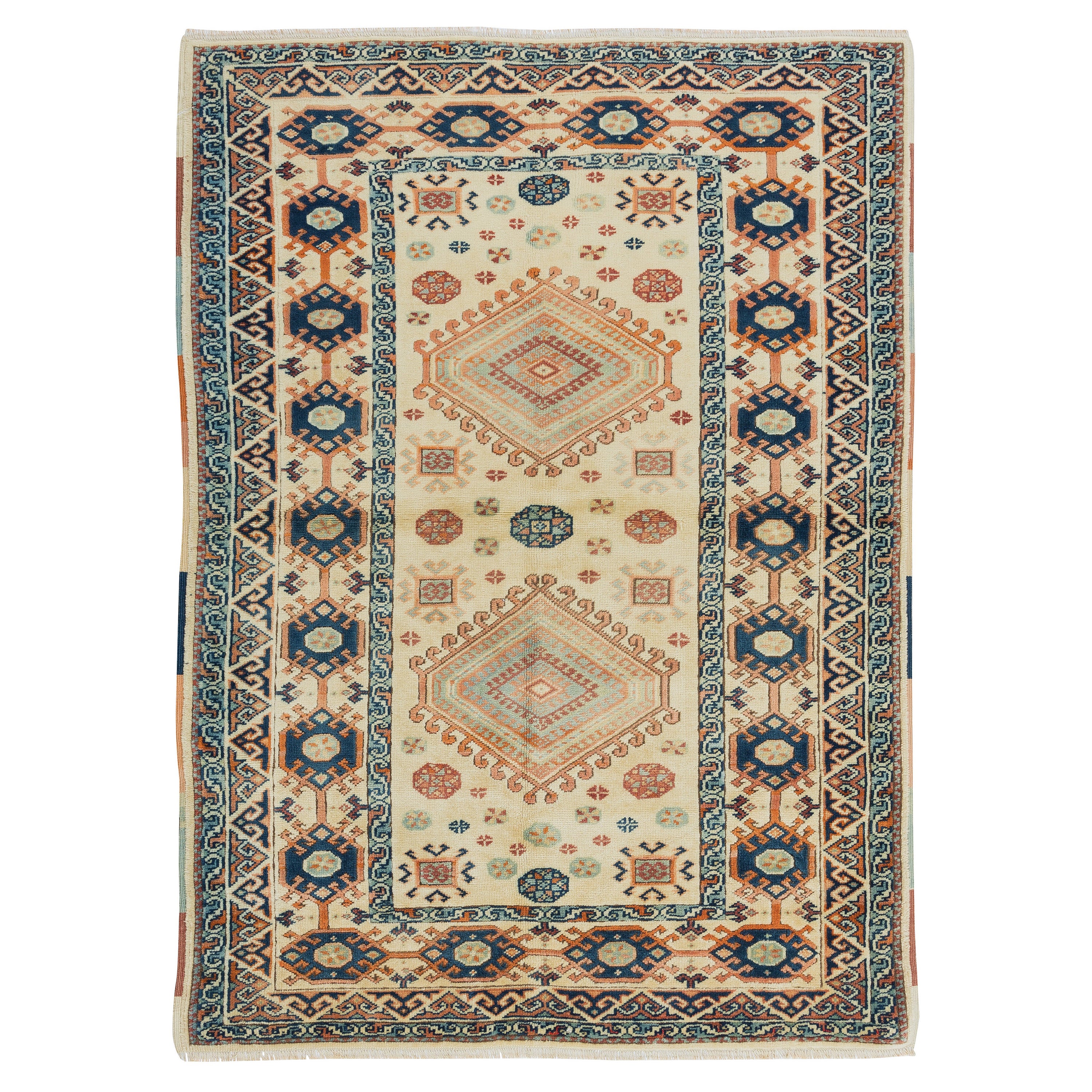 Tappeto d'accento turco contemporaneo fatto a mano 4x5.8 Ft con due medaglioni geometrici in vendita