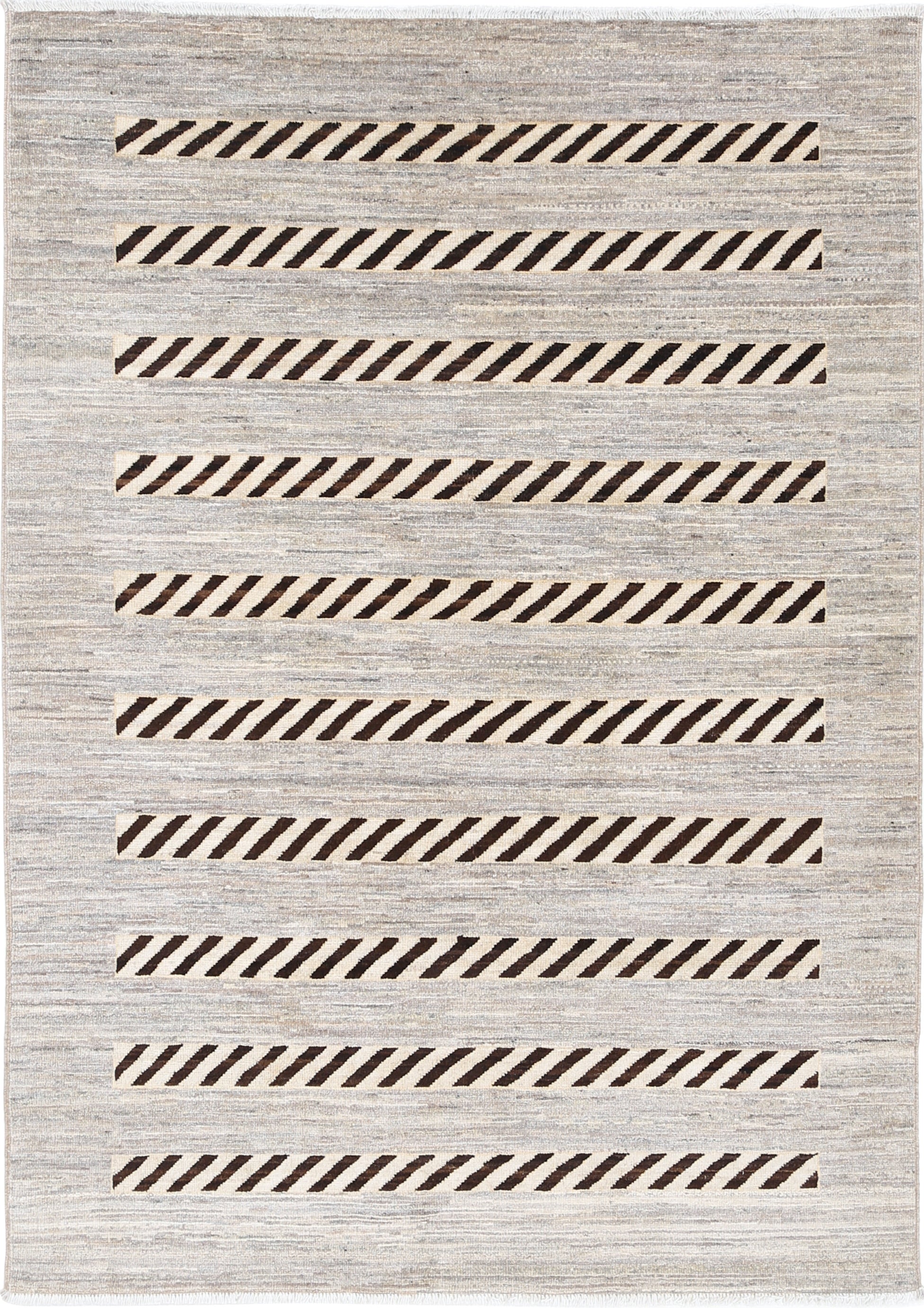 4x5.8 ft Handknotted Ivory and Brown Wool Area Rug. Striped Geometric Accent Rug For Sale