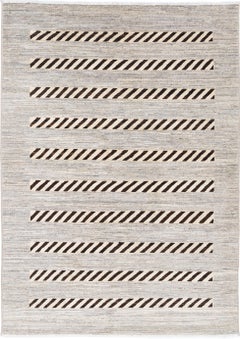 4x5.8 ft Handknotted Ivory and Brown Wool Area Rug. Striped Geometric Accent Rug
