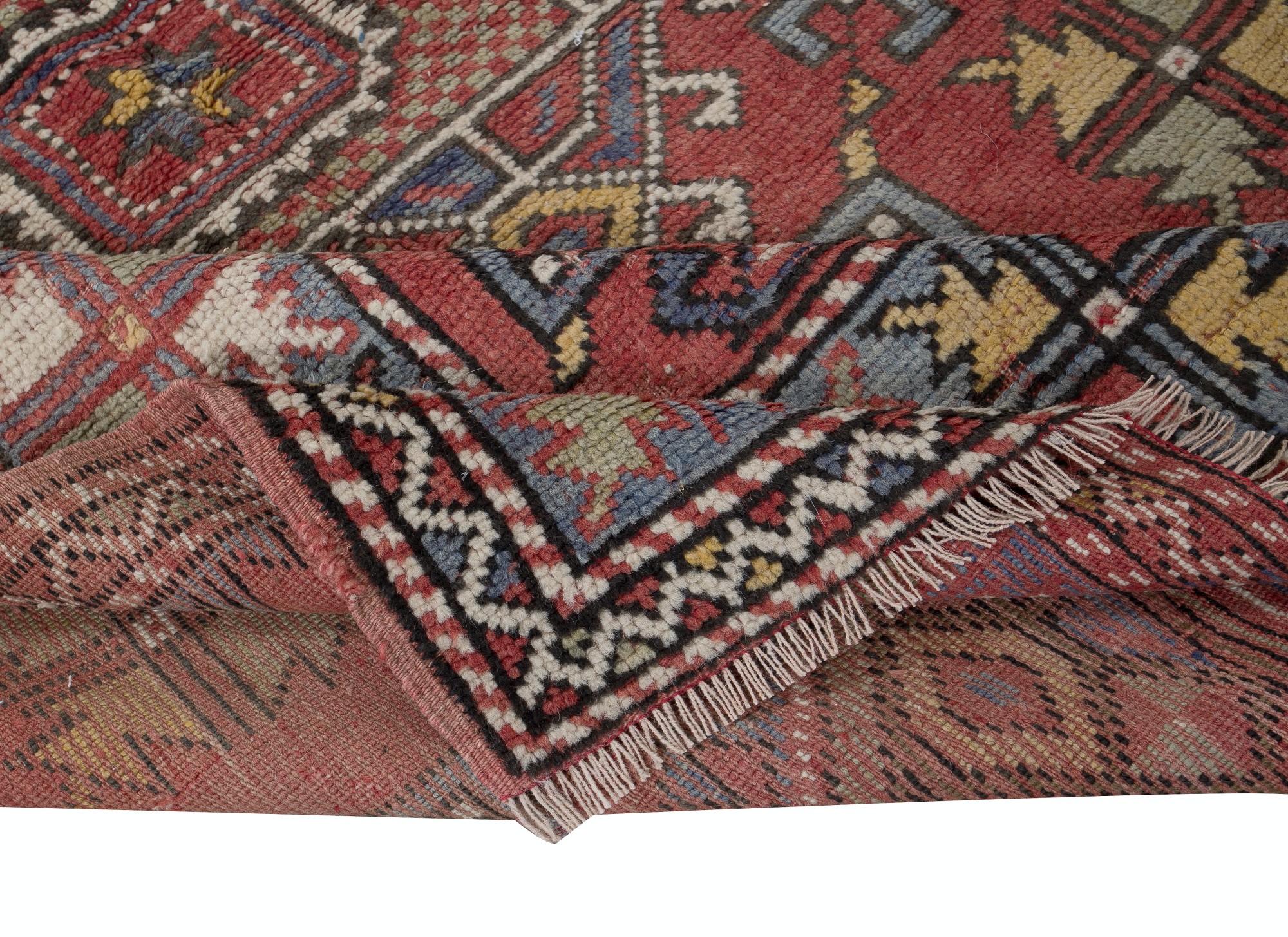 Tribal 4x5.8 Ft Handmade Geometric Medallion Design Rug, Vintage Turkish Red Carpet For Sale