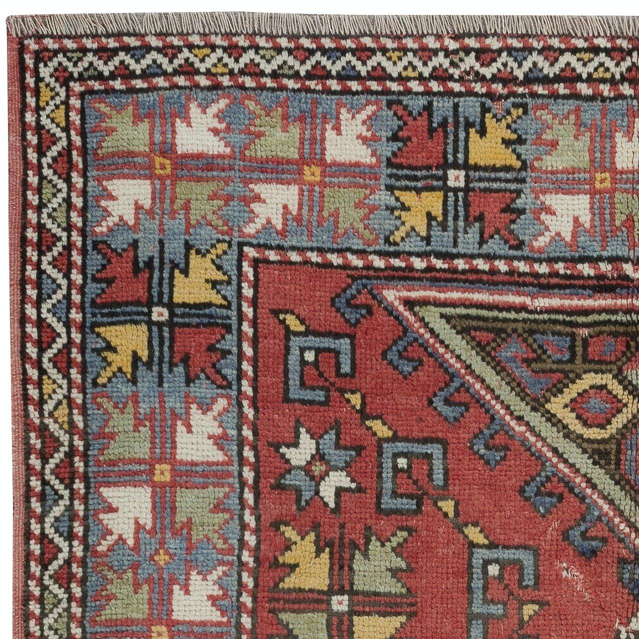 Hand-Knotted 4x5.8 Ft Handmade Geometric Medallion Design Rug, Vintage Turkish Red Carpet For Sale
