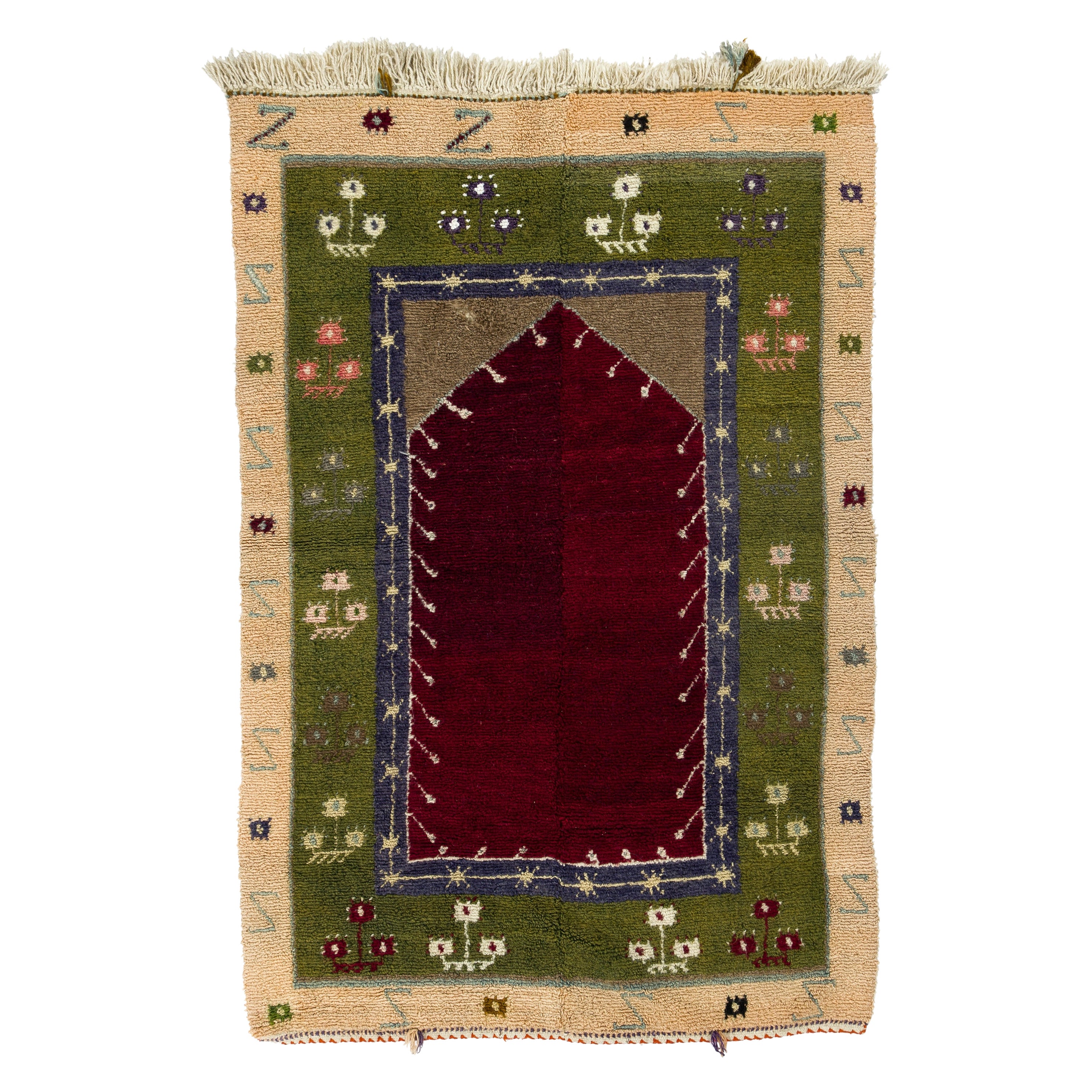 Tappeto di lana tulù anatolico vintage fatto a mano con design ad arco 4x5.8 ft