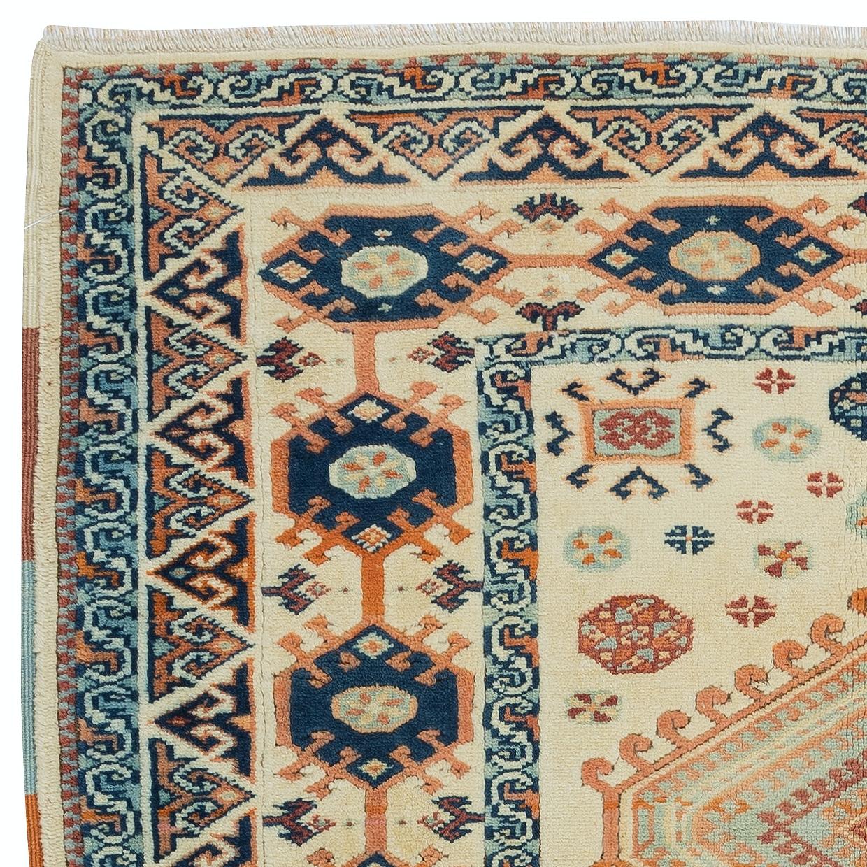 Hand-Knotted 4x5.8 Ft Contemporary Handmade Turkish Accent Rug with Two Geometric Medallions For Sale