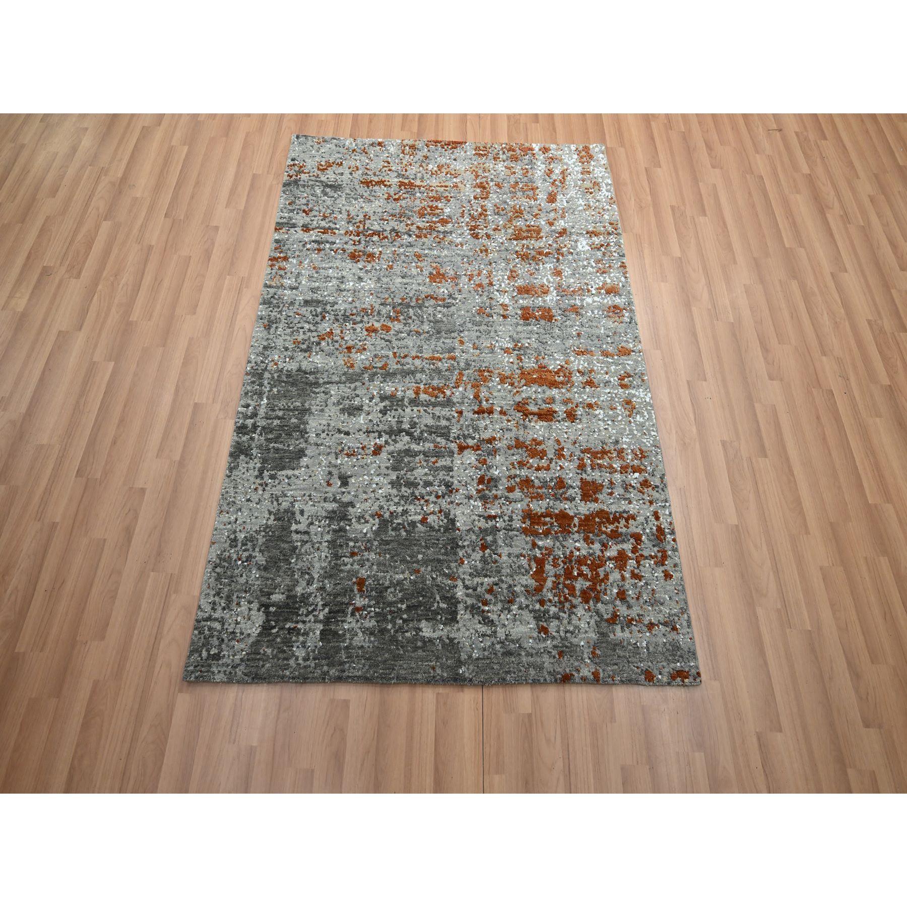 Shades of Gray with Rust, Persian Knot, Abstract with Galaxy Design, 100% Wool, Hand Knotted, Densely Woven, Oriental Rug
Primary materials: Wool
Latex: No Pile 
height: 0.25 Inches
Style: Contemporary
Primary color: Grey
Secondary colors: Rust,