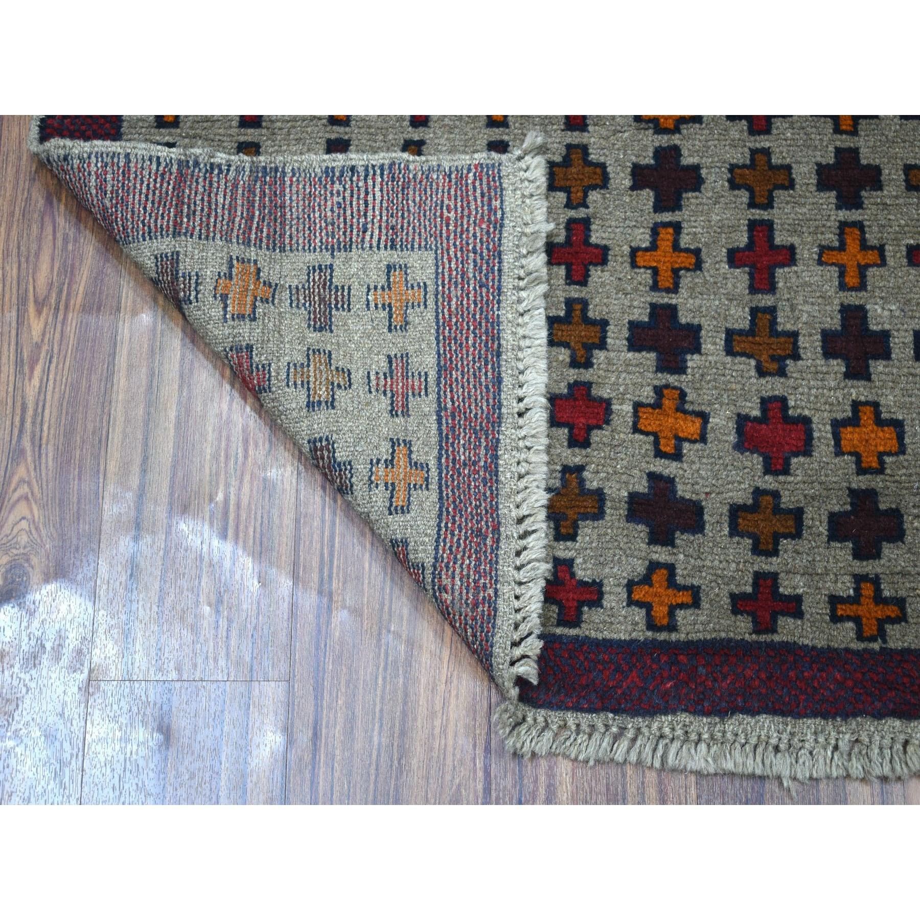 This is a truly genuine one-of-a-kind Gray Tribal Design Colorful Afghan Baluch Hand Knotted Pure Wool Oriental Rug. It has been woven for months and months in the centuries-old Persian weaving craftsmanship techniques by expert artisans.
Primary