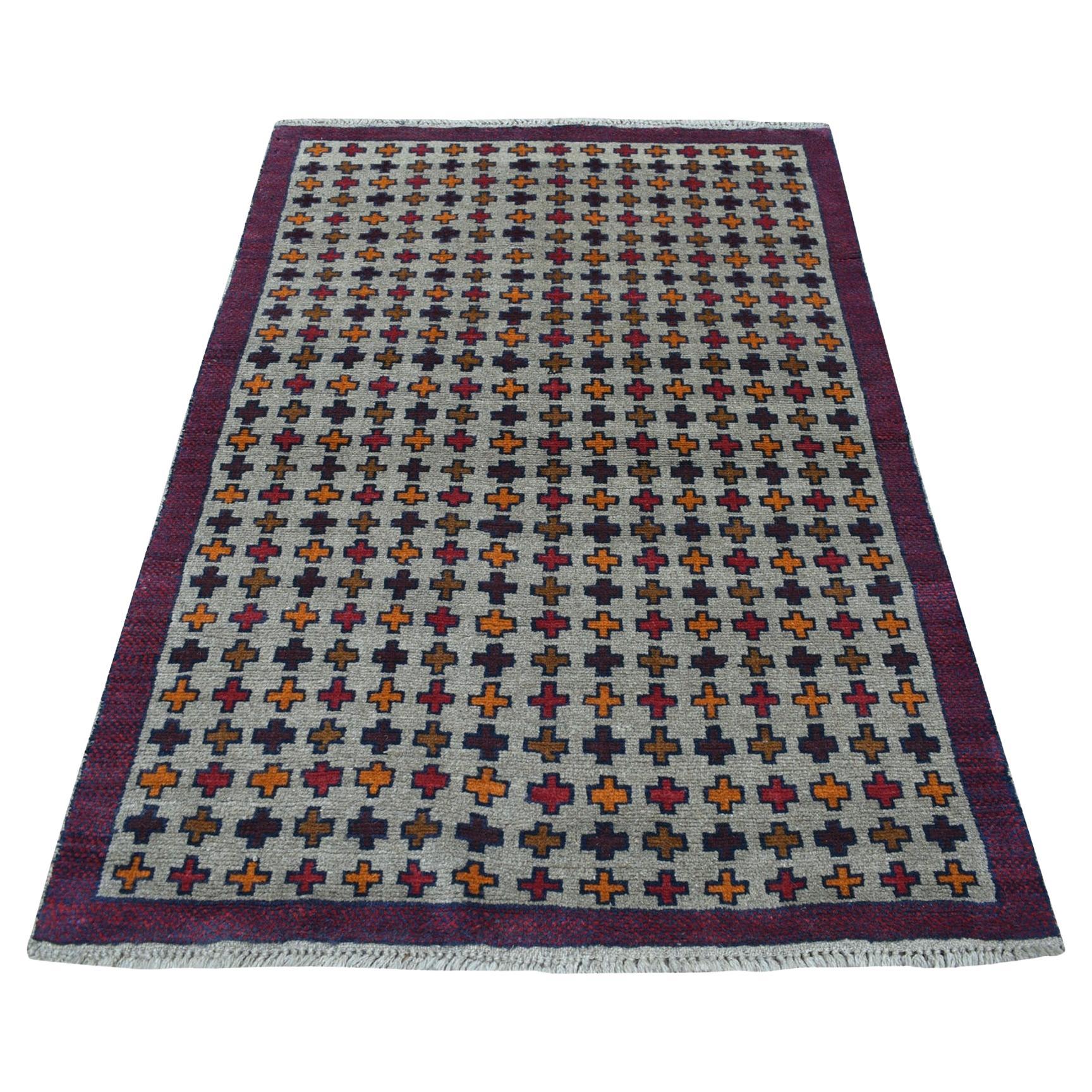 4'x5'8" Gray Tribal Design Colorful Afghan Baluch Hand Knotted Pure Wool Rug For Sale