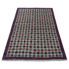 4'x5'8" Gray Tribal Design Colorful Afghan Baluch Hand Knotted Pure Wool Rug