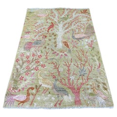 4'x5'8" Green Hand Knotted Afghan Peshawar Birds of Paradise Wool Oriental Rug