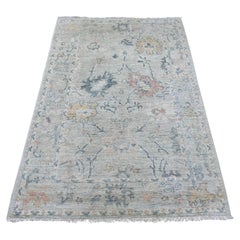 4'x5'8" Misty Gray Afghan Angora Oushak Leaf Design Hand Knotsted Pure Wool Rugs (tapis de laine pure)