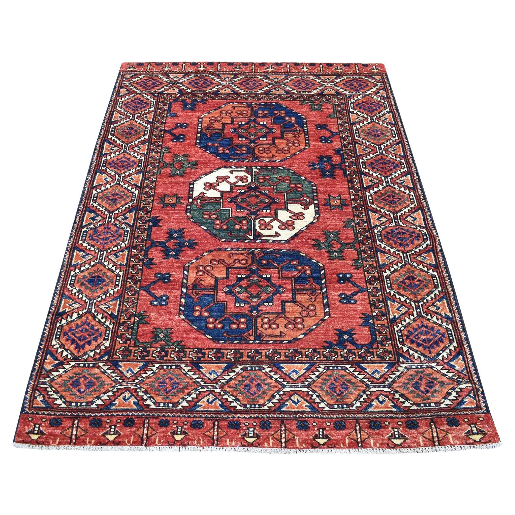 4'x5'8" Red Afghan Ersari with Elephant Feet Design Organic Wool Hand Rug