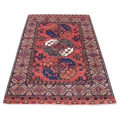 4'x5'8" Red Afghan Ersari with Elephant Feet Design Organic Wool Hand Rug