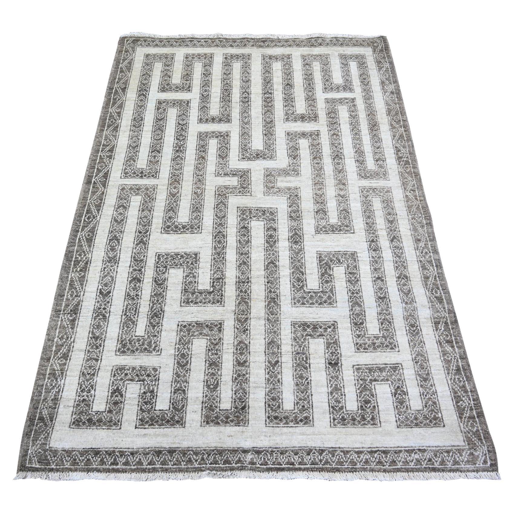 4'x5'8" Taupe Brown Hand Knotted Wool Fine Peshawar Oriental Rug