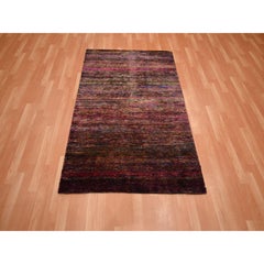 4'x5'8" Wine Red Plain Solid Design Pure Sari Silk Hand Knotted Oriental Rug