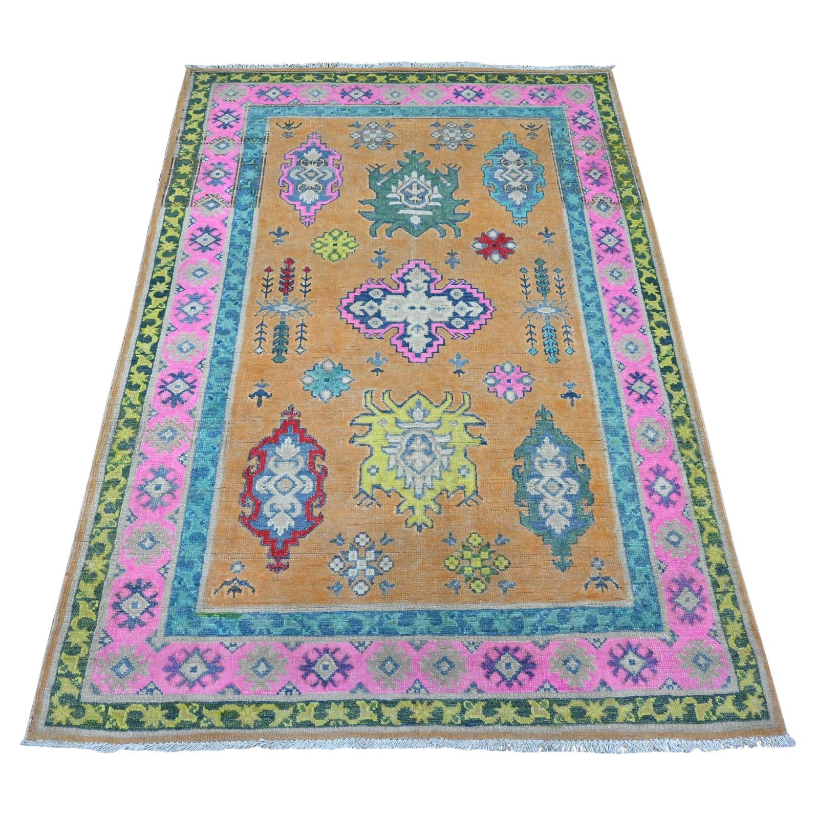 4
x5
9" Apricot Orange Vibrant Fusion Kazak All Natural Wool Oriental Rug For Sale