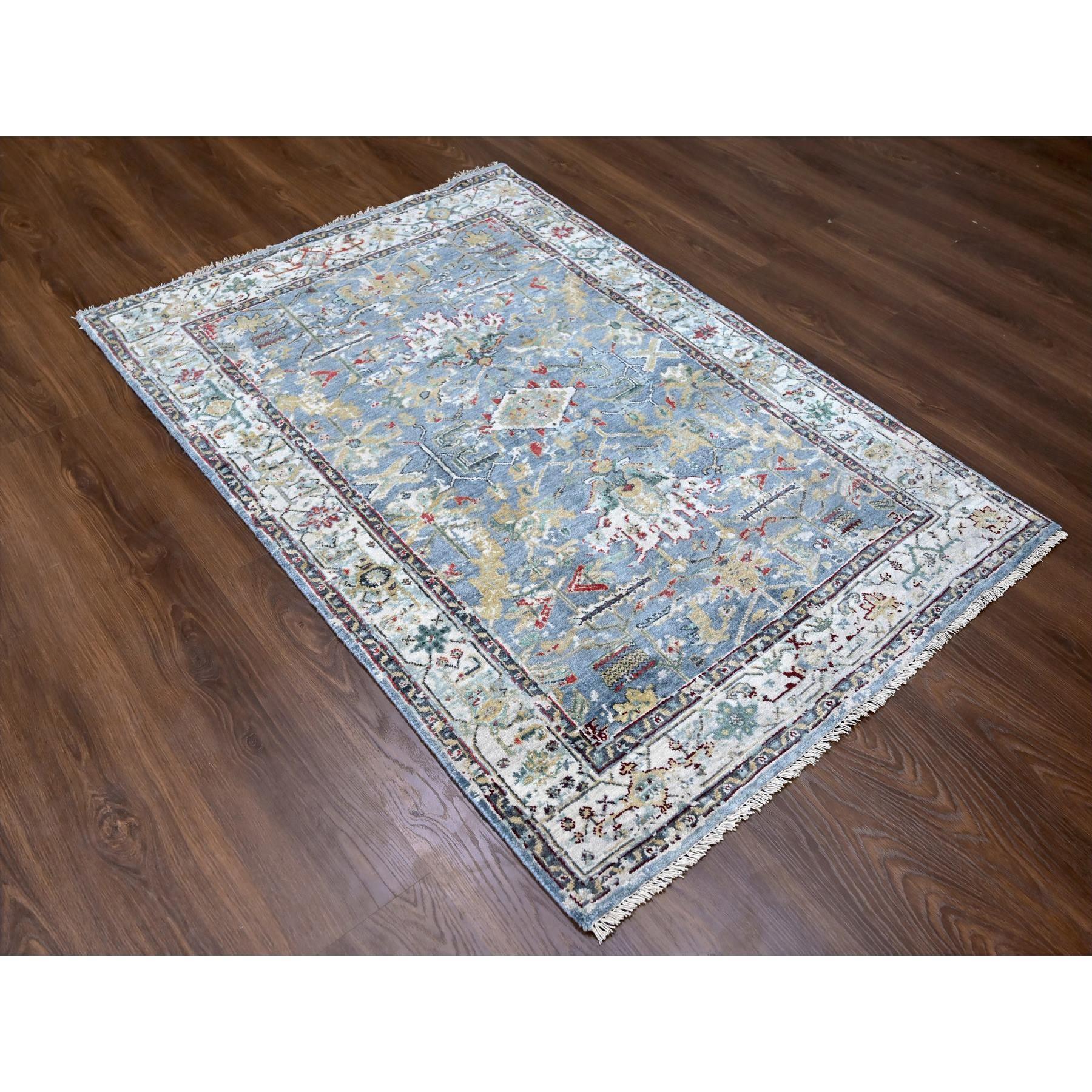 Grayish Blue, Organic Wool, Denser Weave, Broken and Erased Persian Heriz, Soft Color Palette, Hand Knotted, All Over Design, Oriental Rug
Primary materials: Wool
Latex: No Pile 
height: 0.25 Inches
Style: Traditional
Primary color: Blue
Secondary