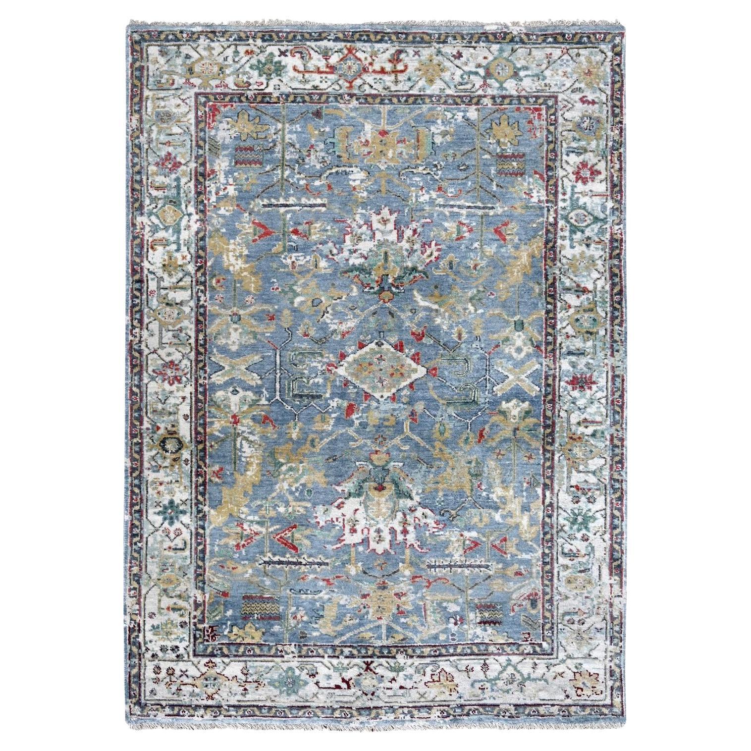 4'x5'9" Blue Organic Wool Broken and Erased Persian Heriz Hand Knotted Rug For Sale
