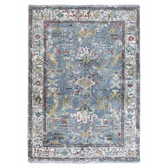 4'x5'9" Blue Organic Wool Broken and Erased Persian Heriz Hand Knotted Rug
