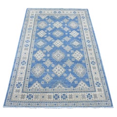 4'x5'9" Blue Vintage Look Kazak with Geometric Motifs Hand Knotted Wool Rug