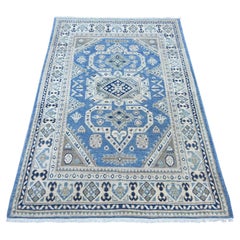 4'x5'9" Blue Vintage Look Kazak with Geometric Pattern Hand Knotted Wool Rug