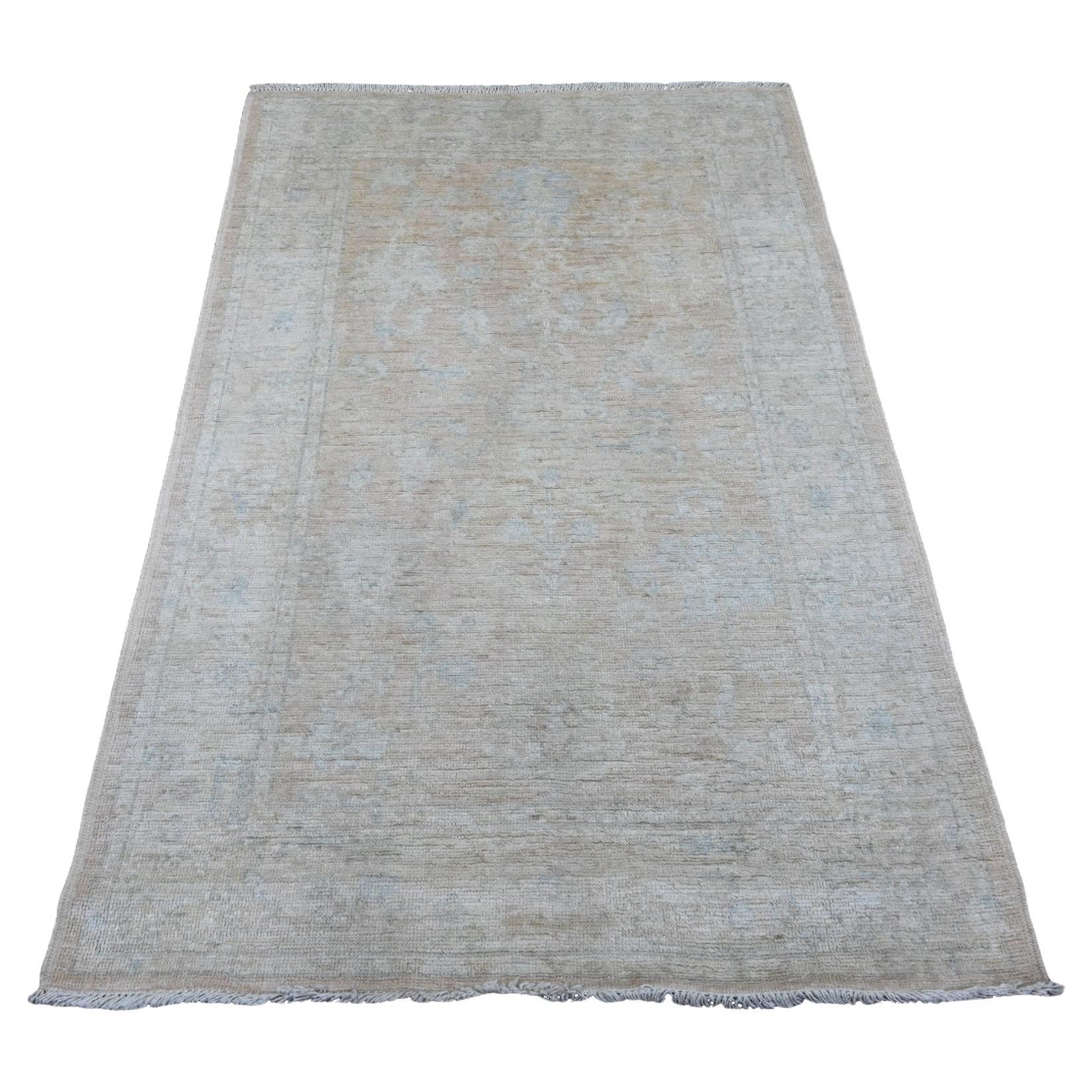 4'x5'9" Brown Wool Afghan Angora Oushak Leaf Design Hand Knotted Rug