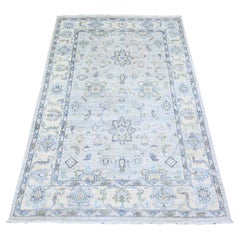 4'x5'9" Chrome Gray White Wash Peshawar with Motifs Soft Wool Hand Knotted Rug