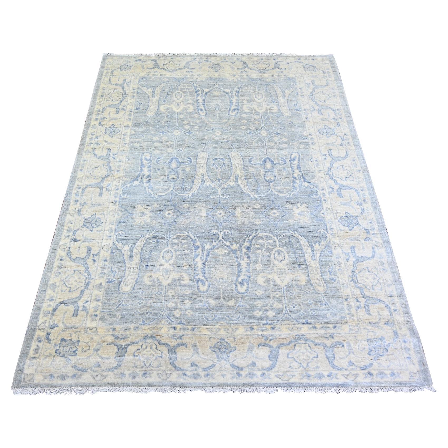 4'x5'9" Coin Gray, White Wash Peshawar, Natural Wool Hand Knotted, Rug