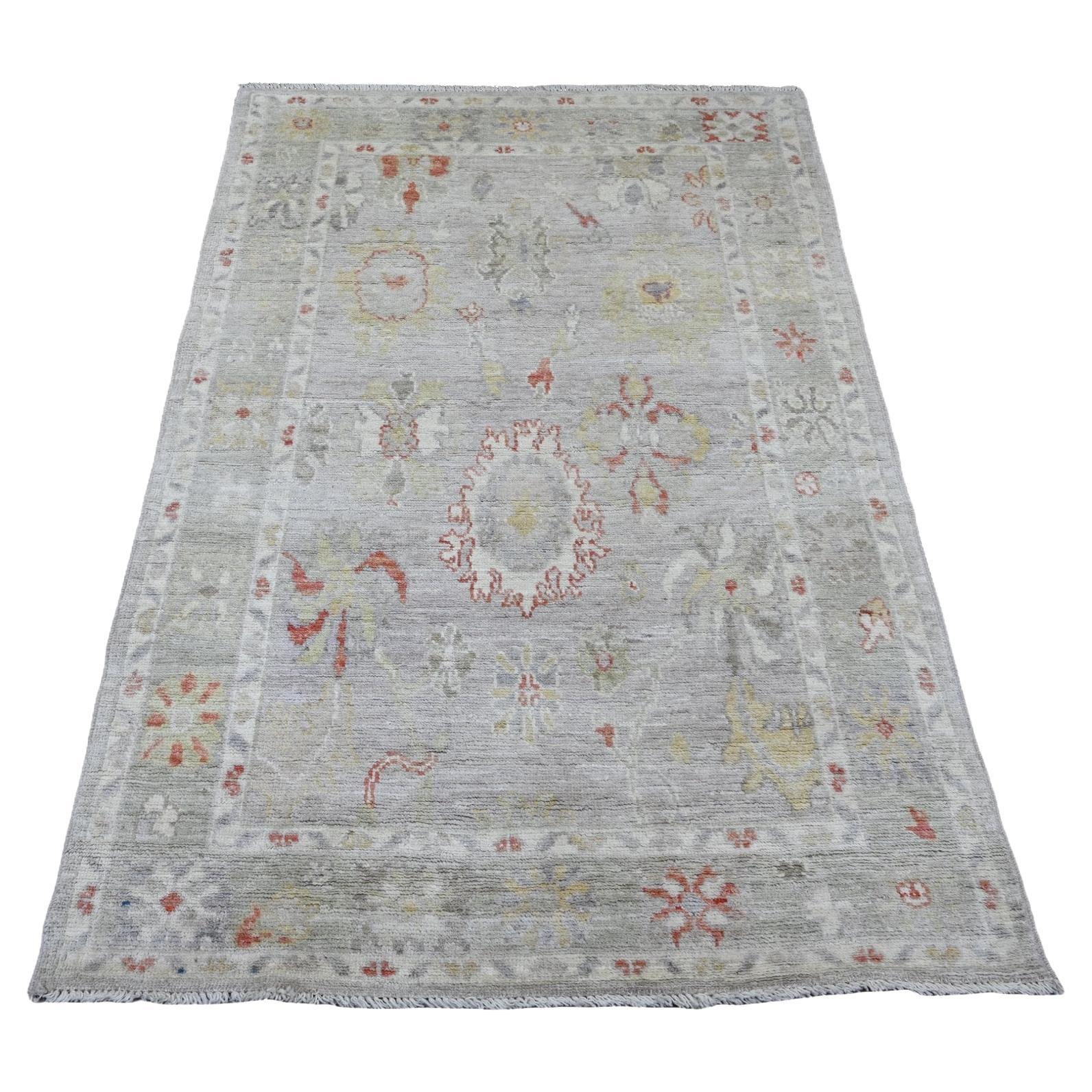 4'x5'9" Gray Hand Knotted Afghan Angora Oushak Colorful Leaf Design Wool Rug