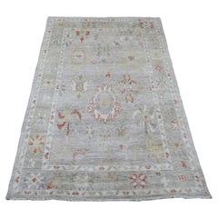 4'x5'9" Gray Hand Knotted Afghan Angora Oushak Colorful Leaf Design Wool Rug