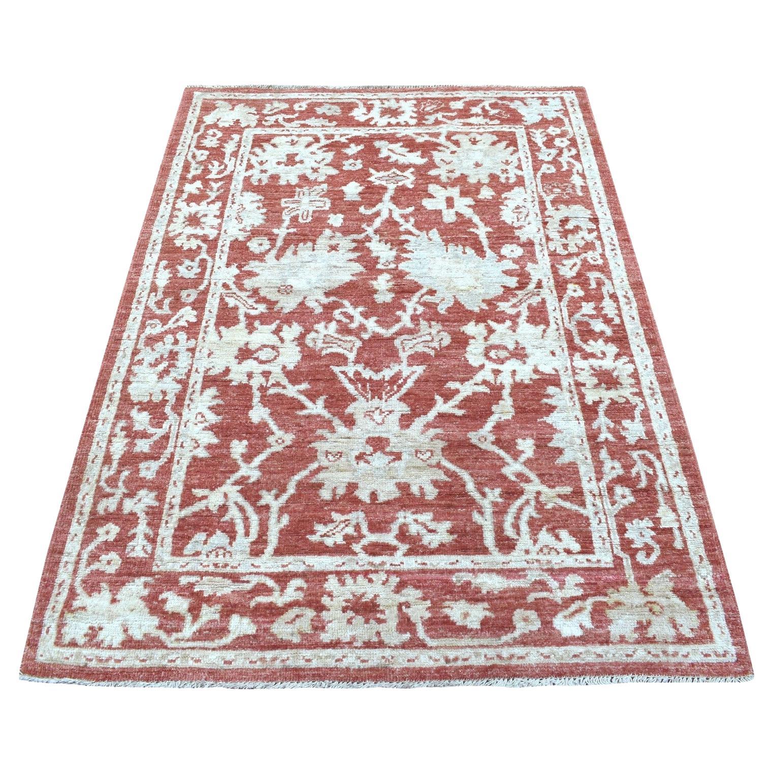 4'x5'9" Handgeknüpft Ziegelrot Angora Oushak Reine Afghanische Wolle Orientteppich im Angebot