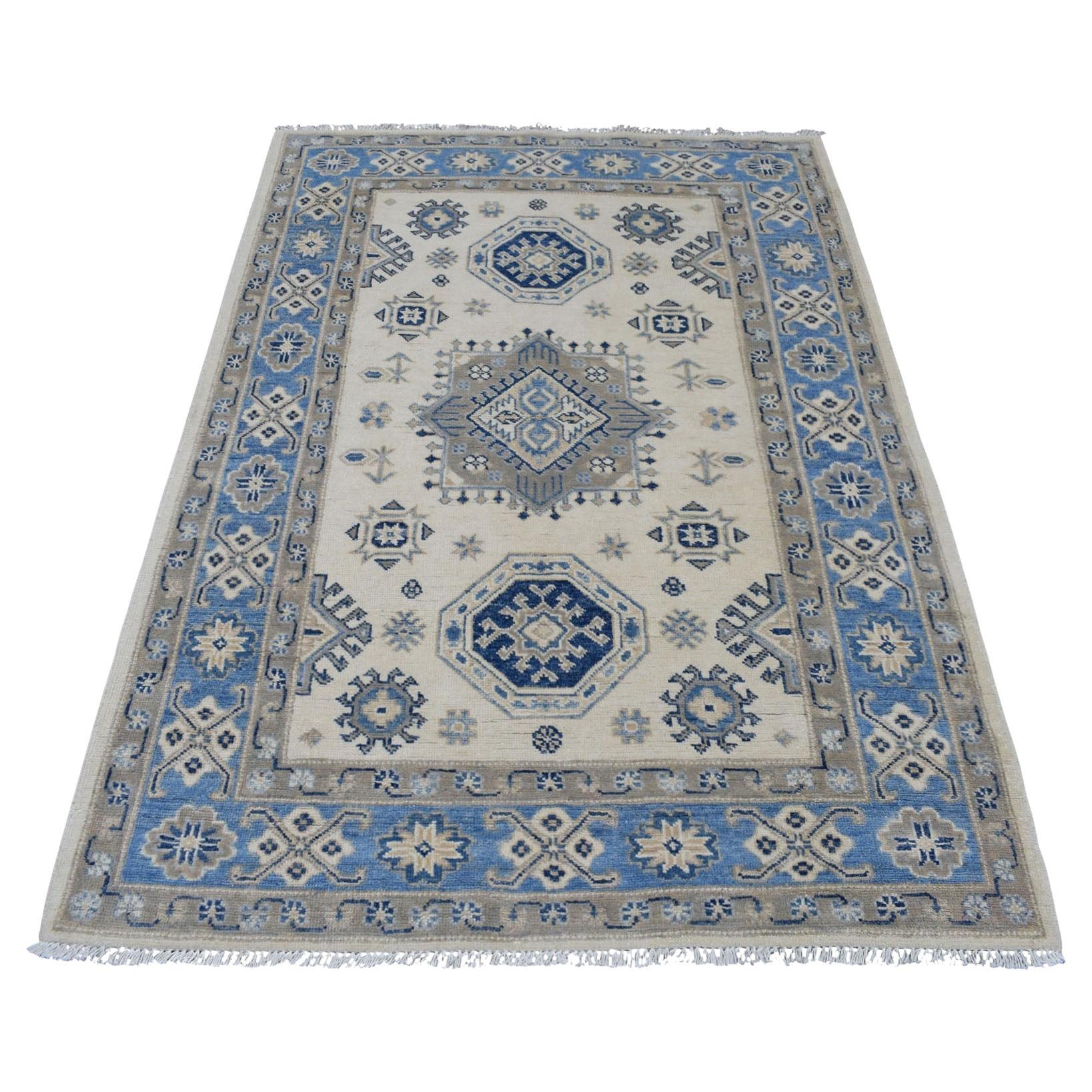 4'x5'9" Ivory Afghani Wool Vintage Look Kazak Hand Knotted Oriental Rug For Sale