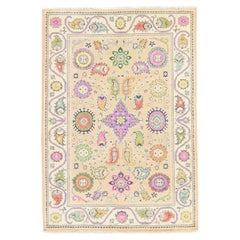 Alfombra de lana pura «Ivory Fusion Kazak» de 4'x5'9", tejida a mano con elementos geométricos