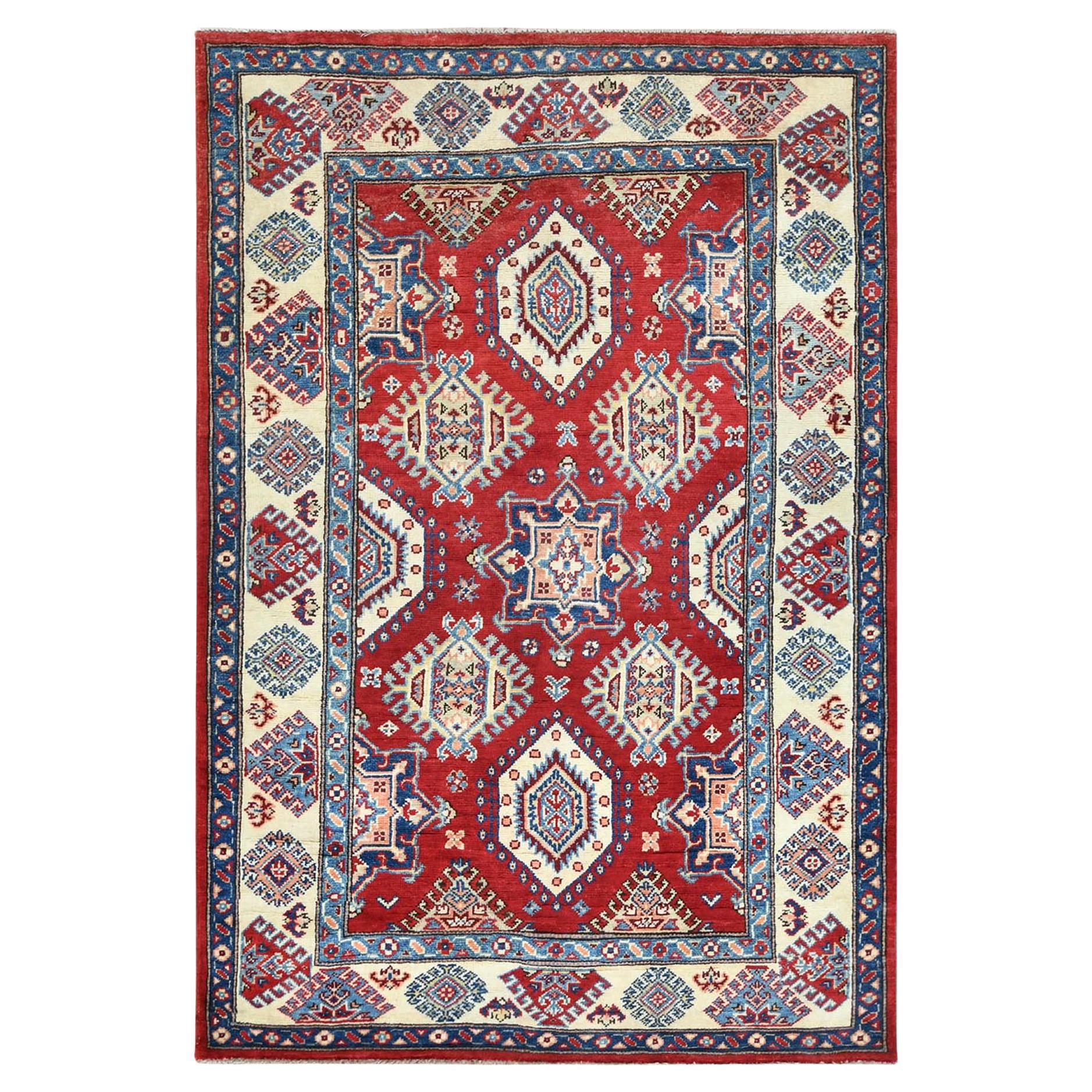 4'x5'9" Red Caucasian Design Special Kazak Hand Knotted Natural Wool Rug
