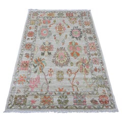 4'x5'9" White Afghan Angora Oushak Leaf Pattern Hand Knotted Wool Oriental Rug