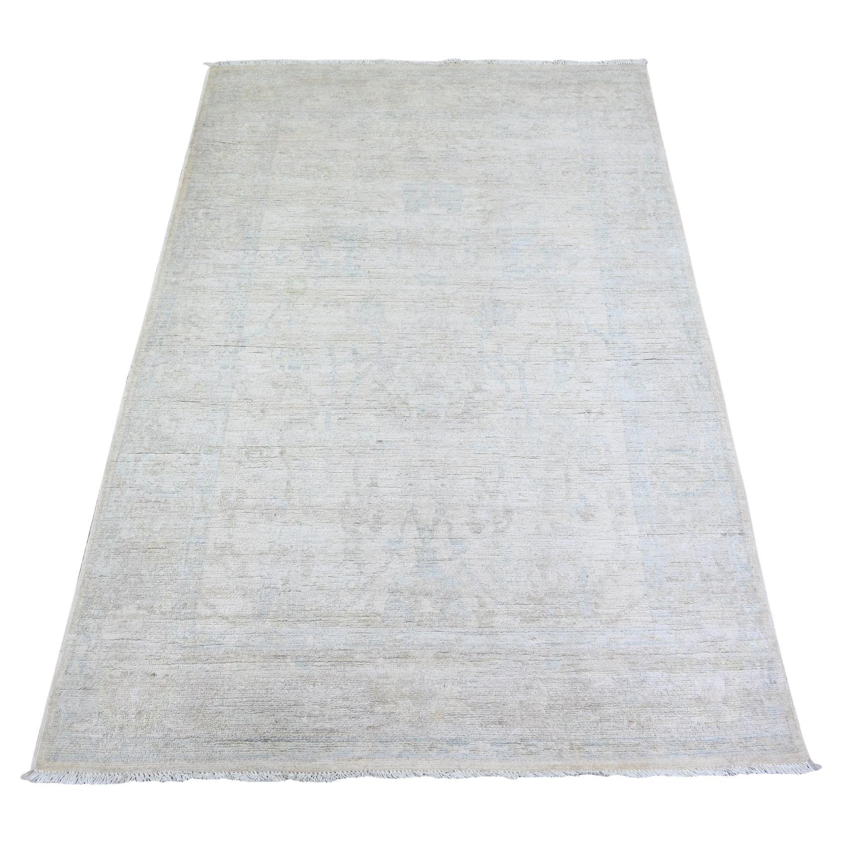 4'x5'9" White Wash Peshawar Pure Wool Hand Knotted Oriental Rug
