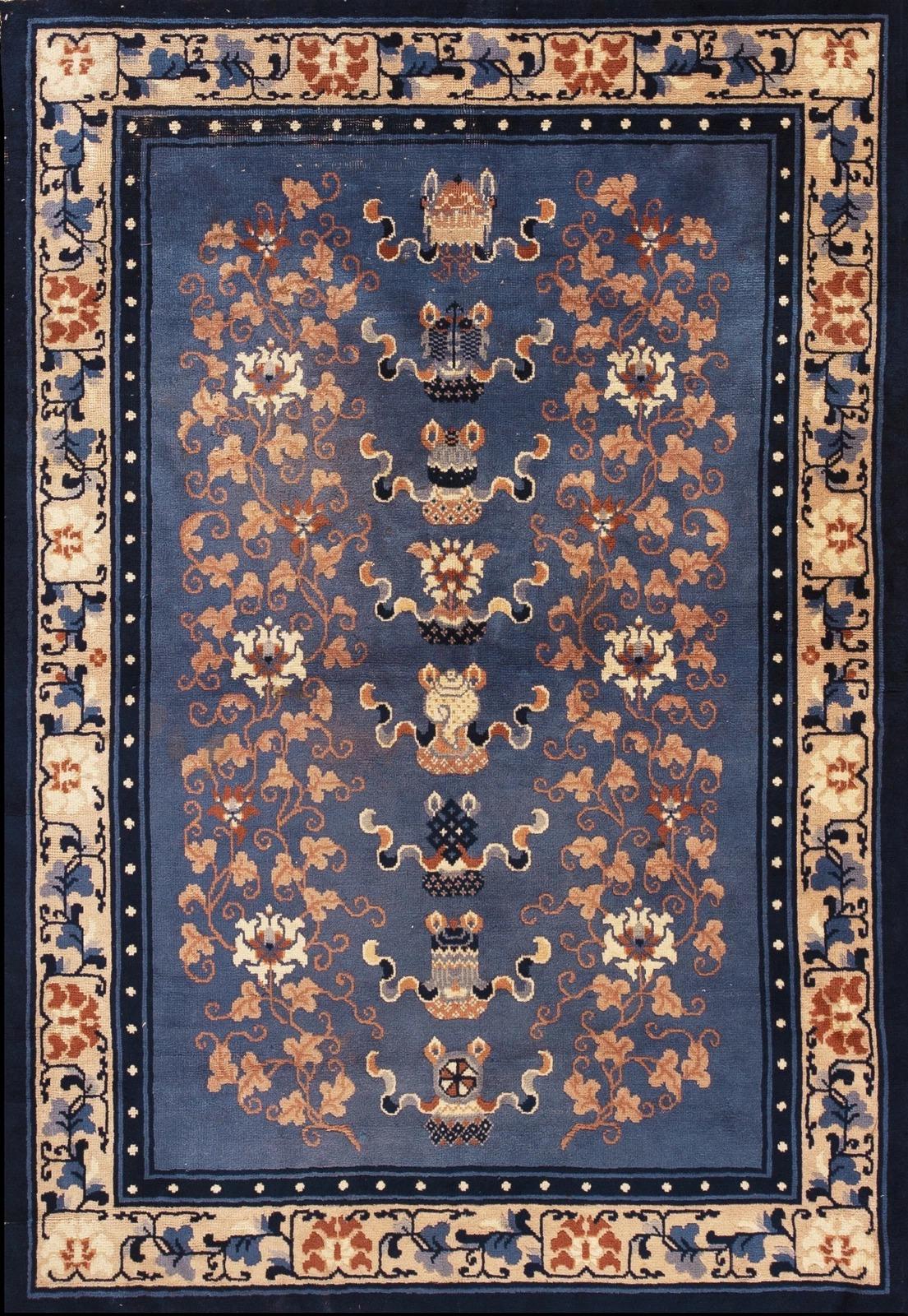 Art Déco 4x6 Tappeto antico Art Deco cinese 130cmx185cm Tappeto in lana Symbolic Treasures c.1900 in vendita