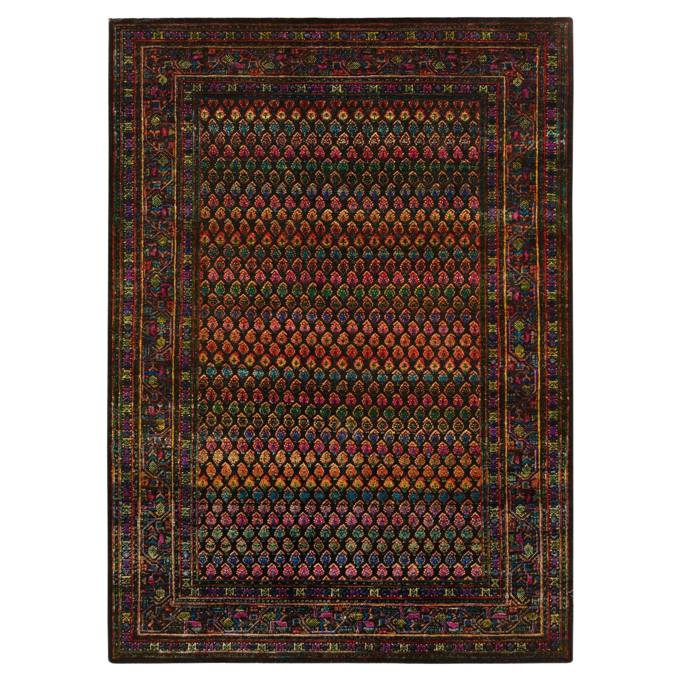 Tappeto 4'x6' nero, ispirato al Sarouk Mir, in lana e seta, annodato a mano
