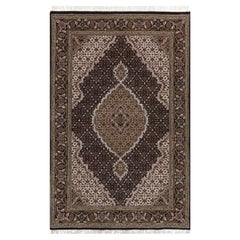 4'x6' Black Tabriz Mahi with Medallion Design Hand Knotted Wool & Silk Rug