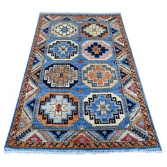 4'x6' Blue Afghan Ersari with Elephant Feet Design Hand Knotted All Wool Rug