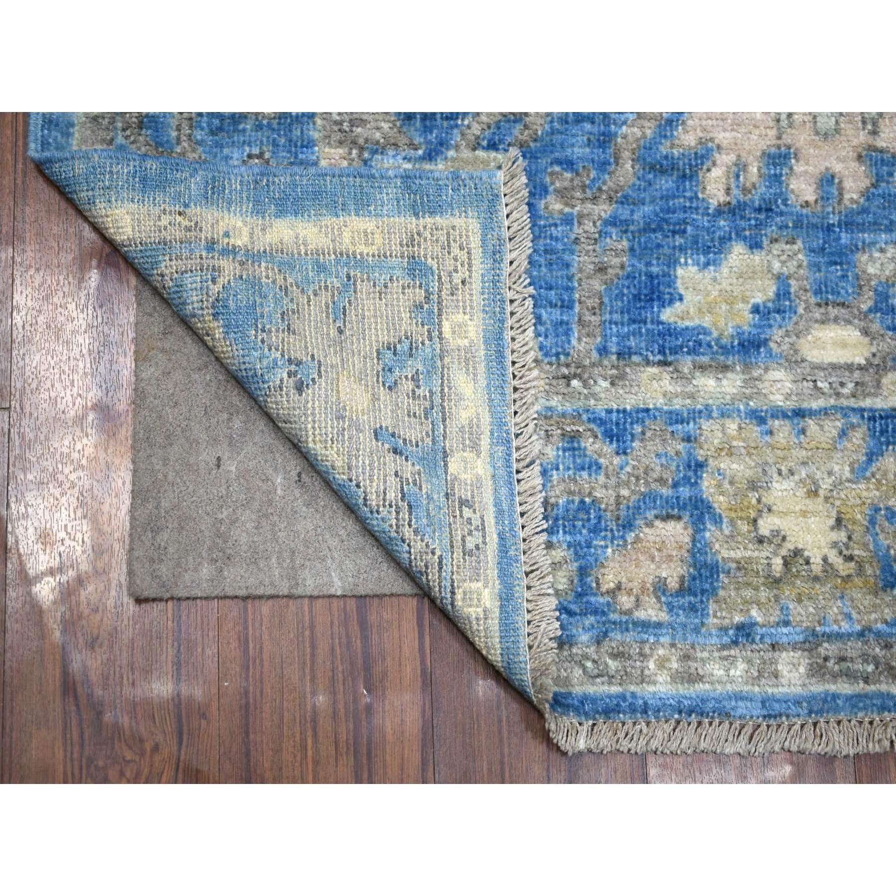 This is a truly genuine one-of-a-kind Denim Blue Angora Oushak Bold Colors With Leaf Design Natural Dyes, Afghan Wool Hand Knotted Oriental Rug. It has been Knotted for months and months in the centuries-old weaving craftsmanship techniques by