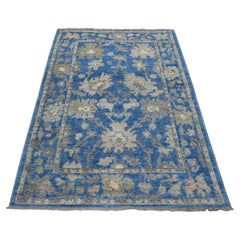 4'x6" Blue Angora Oushak Bold Colors Leaf Design Hand Knotted Wool Rug