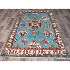 4'x6' Kazak Azul con Diseño de Medallones Geométricos Anudada a Mano Alfombra de Lana Suave