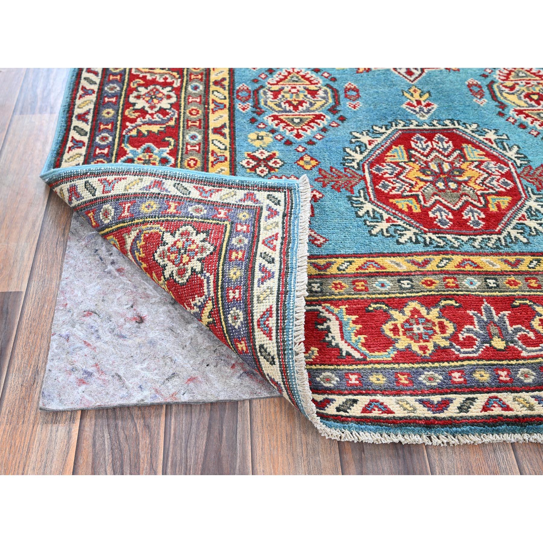 Afghan 4'x6' Blue Kazak with Geometric Medallions Design Hand Knotted Soft Wool Rug en vente