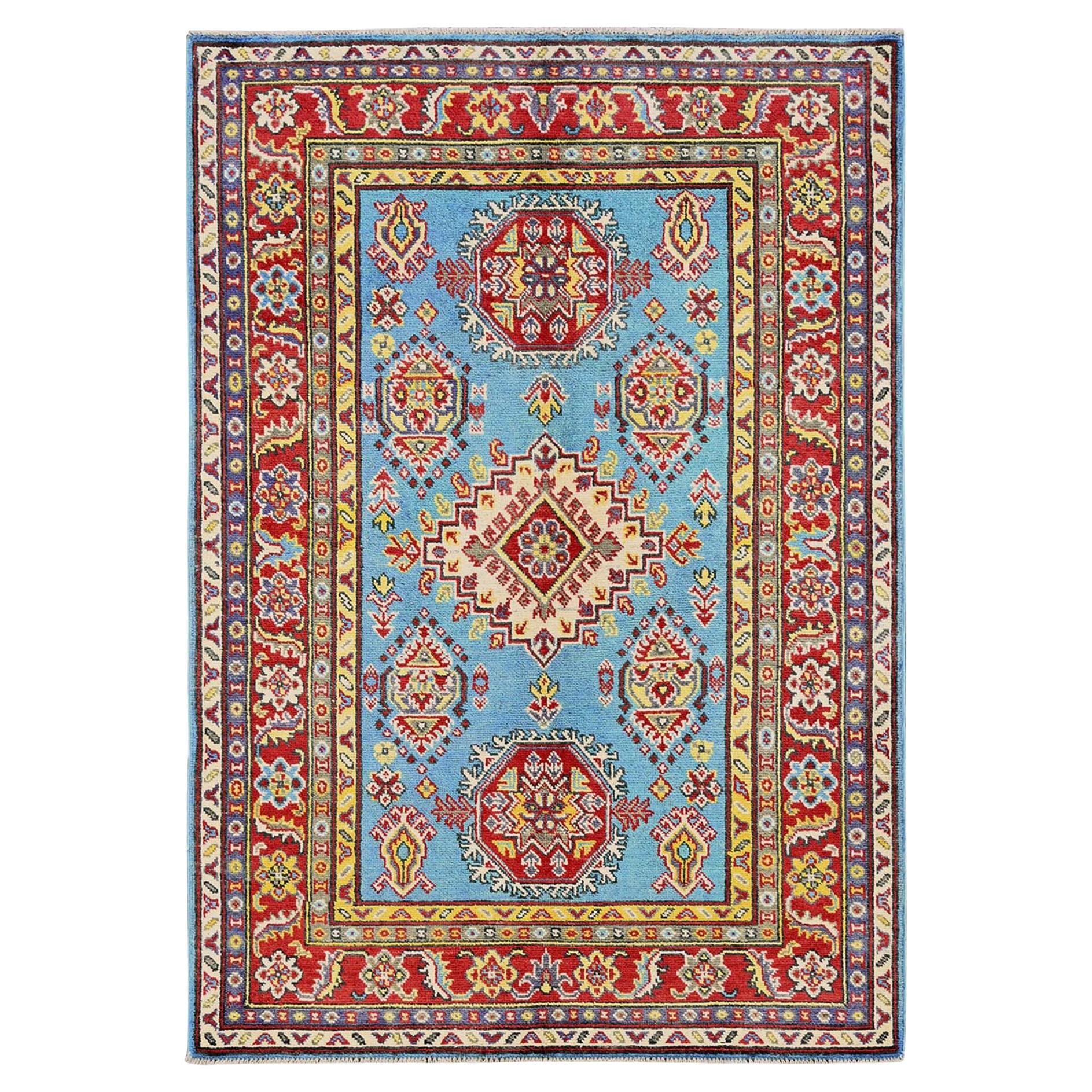 4
x6
 Blue Kazak with Geometric Medallions Design Hand Knotted Soft Wool Rug